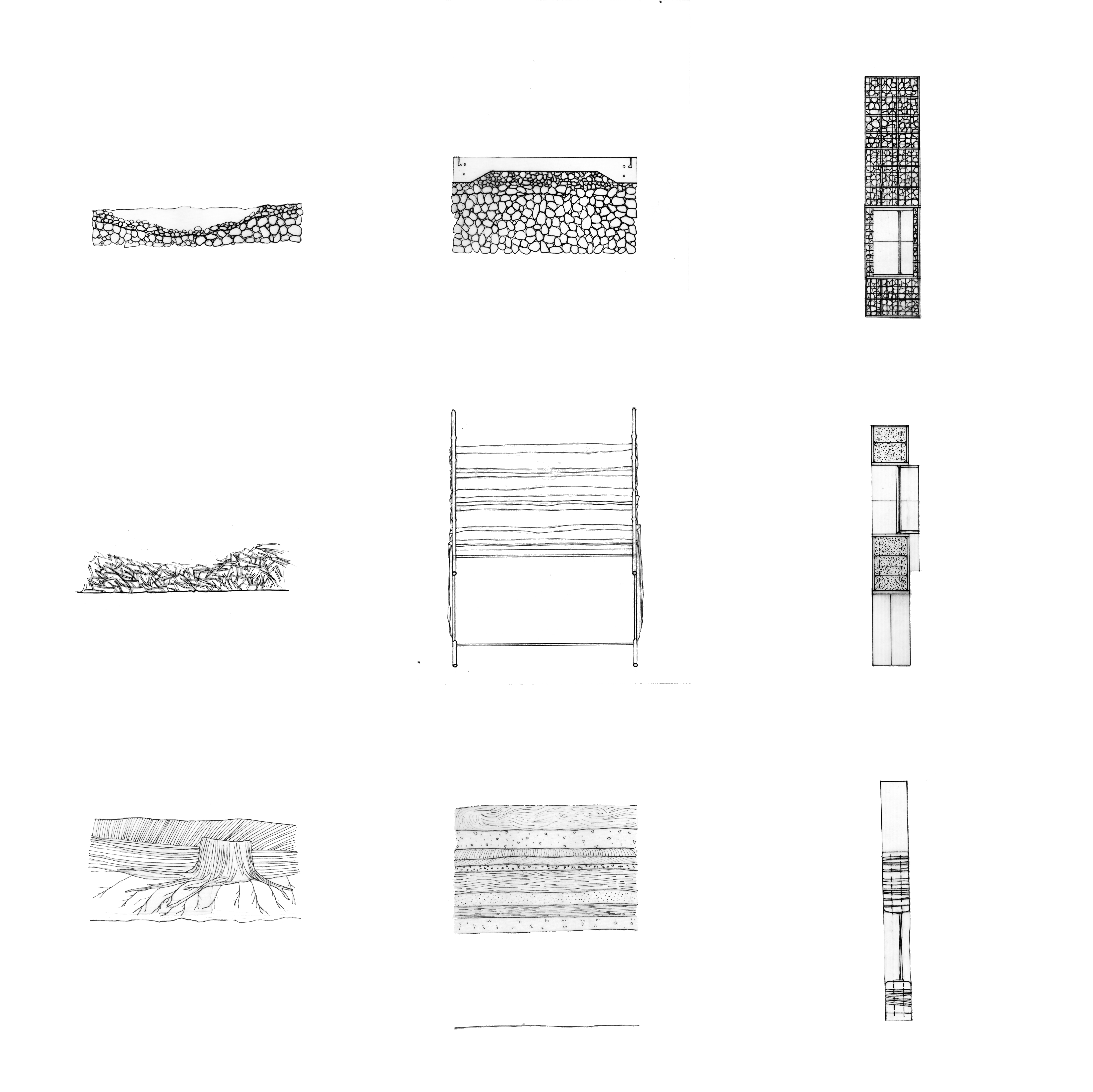 A grid of nine different black and white architectural sketches. The top row depicts beds of gravel, the second row, beds of straw, the third row beds of dirt.